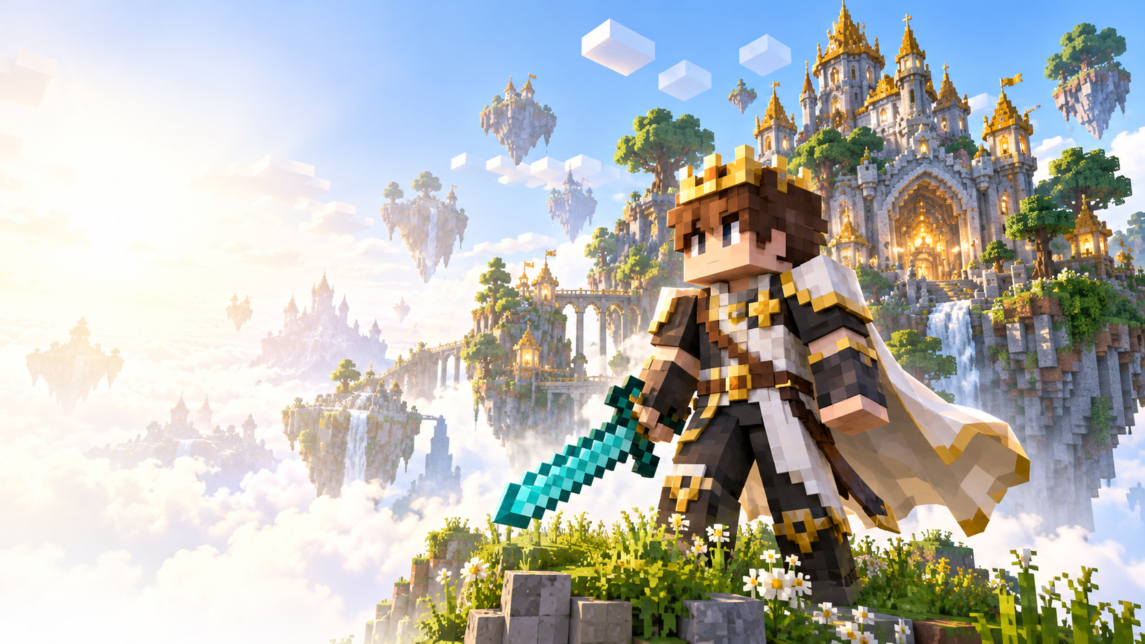 Przygoda w Minecraft: bohater ze złotą koroną, diamentowy miecz i zamek na podniebnej wyspie